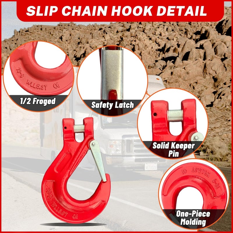 HENBOW 1/2" Clevis Slip Hook and Chain Connector Link,G80 Tow Trailer Safety Hook and Hammerlock Coupling Link,11600Lbs Working Load Limit for Lifting&Towing，Red(1 Hooks and 1 Connector Link) - Image 3